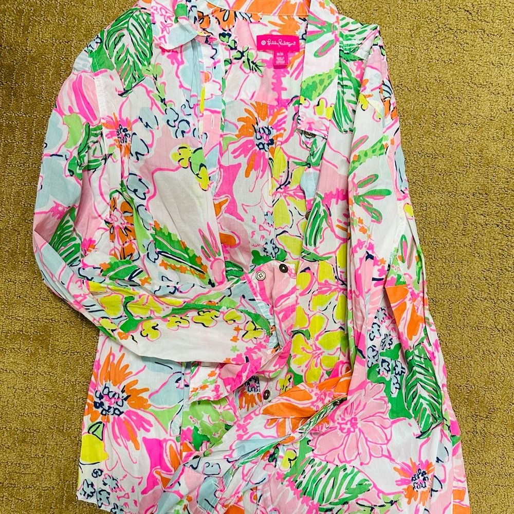 Lilly Pulitzer Pink and Green top with Tropical Print